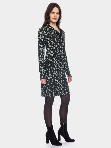 Picture of Long-sleeve dress waterfall collar Organic Cotten (GOTS), black green dotted