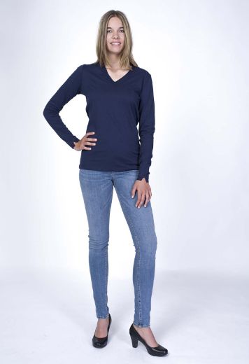 Image de T-shirt manches longues en coton bio avec détail côtelé, bleu marine