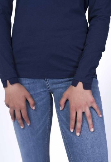Image de T-shirt manches longues en coton bio avec détail côtelé, bleu marine