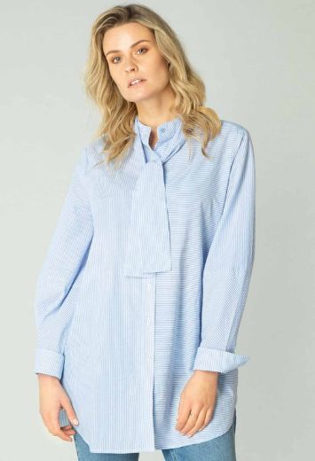 Picture of Long Blouse with Stand-Up Collar, soft blue white stripes