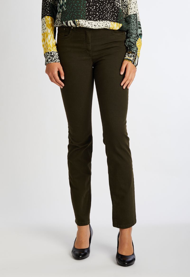 Image de Cora Pantalon 5 Poches Slim Fit avec Taille Confort L34 pouce, olive foncé